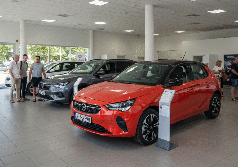A modern, well-lit car dealership showroom in a Croatian urban area on a bright summer day in July 2025. Several new passenger vehicles are on display, including a prominent Opel Corsa in a vibrant color, an Opel Mokka, and a Skoda Octavia. Customers are browsing and interacting with sales staff; one young couple is examining the interior of a car while a salesperson gestures towards its features. The polished floor reflects the overhead lights, and large windows offer a glimpse of the sunny street outside. The showroom is active, with people casually dressed in summer attire, suggesting a period of strong sales activity.
