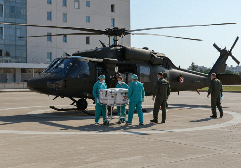 A Croatian Air Force Black Hawk UH-60M helicopter, adorned with national markings, rests on the concrete helipad of Klinička bolnica Dubrava in Zagreb, Croatia, under bright, clear early afternoon sunlight. A dedicated medical transplant team, dressed in surgical scrubs, carefully carries a specialized organ transport cooler from the helicopter, demonstrating focused professionalism. Croatian Air Force pilots in their flight suits stand nearby, observing the critical transfer. The modern hospital building is visible in the background, completing the urgent, life-saving scene.