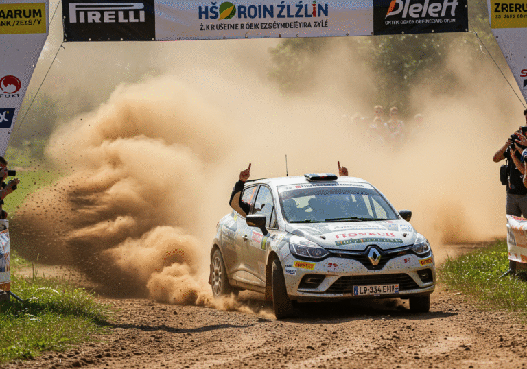 A mud and dust-splattered Renault Clio Rally3, equipped with Pirelli tires, crosses the finish line of a rally stage at the Barum Czech Rally Zlín in Zlín, Czech Republic. Polish driver Hubert Kowalczyk, wearing a racing suit, is visible through the driver's window, making a triumphant gesture. Co-driver Jarosław Hryniuk is in the passenger seat. It is a bright August day, with the sun casting clear light on the vehicle and the surrounding Central European rural landscape.