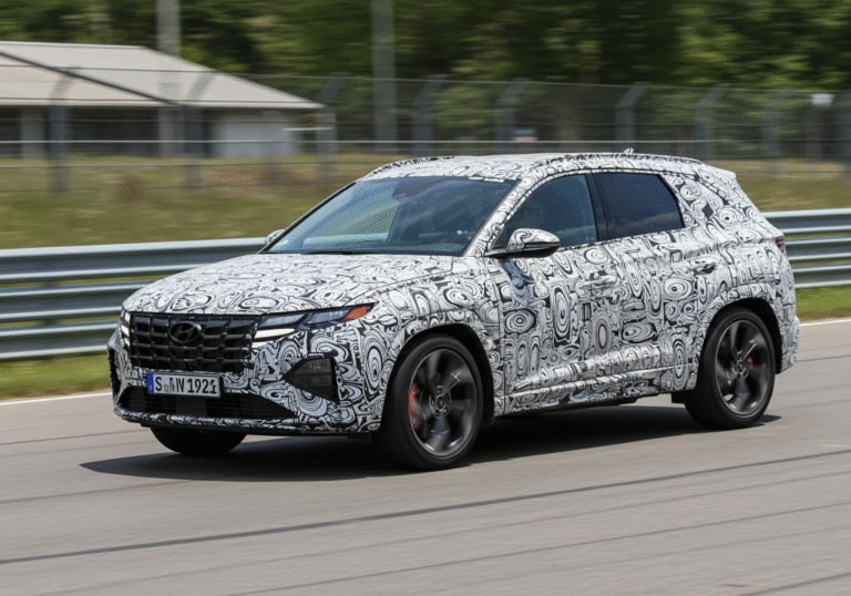 A camouflaged 2027 Hyundai Tucson N prototype SUV, heavily covered in black and white pre-production test wrap, driving dynamically on a paved road. The high-performance hybrid vehicle, with a partially obscured yet aggressive stance, is captured in motion from a low angle. The scene is bathed in bright, natural daylight, with a blurred background suggesting an open test track or a quiet public road environment.
