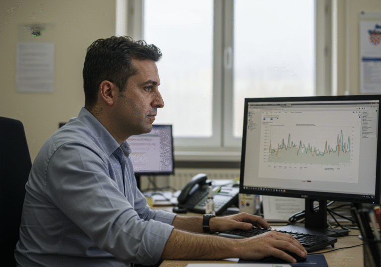 A Croatian public health professional, possibly an epidemiologist, reviewing epidemiological data on a computer screen within a professional office environment at the Croatian Institute of Public Health (HZJZ). Daylight filters through a window, illuminating the scene with a calm, editorial feel. The individual wears a collared shirt and has a focused, analytical expression, reflecting the ongoing national monitoring of infectious diseases. The background is softly blurred, hinting at office equipment or documents without any discernible text.