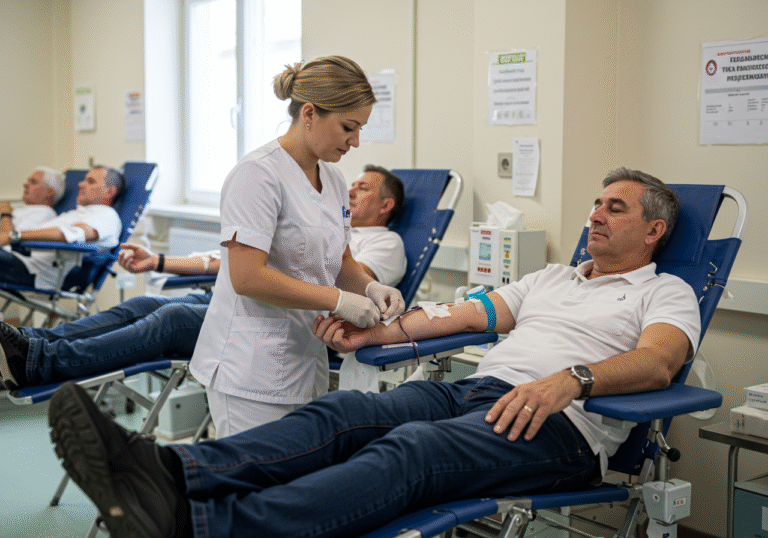 A bright, naturally lit blood donation room at the Croatian Institute of Transfusion Medicine (HZTM) in Zagreb during a summer afternoon. A focused Croatian nurse, dressed in a clean white uniform, gently attends to a seated adult donor, preparing their arm for blood collection. The donor appears calm and resolute. In the background, other empty or sparsely occupied donation chairs are visible, subtly indicating the critical shortage of blood supplies. The scene conveys a sense of quiet urgency and professional dedication, reflecting the nationwide appeal for donations across Croatia.