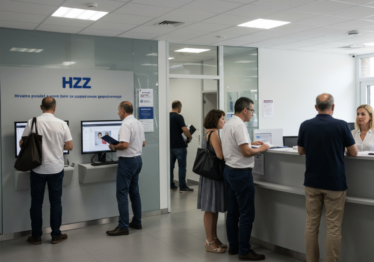 A diverse group of Croatian citizens inside a modern, well-lit Hrvatski zavod za zapošljavanje (HZZ) office in Zagreb during a clear summer day. Several individuals, dressed in casual professional attire, are engaged in various activities: one person quietly reviews information on a public computer terminal displaying a job search interface, another stands with a folder, awaiting assistance at a counter, and a third is in conversation with an HZZ employee. The office space features contemporary public service architecture, with natural light illuminating the scene. The overall mood is one of quiet determination and focused activity.