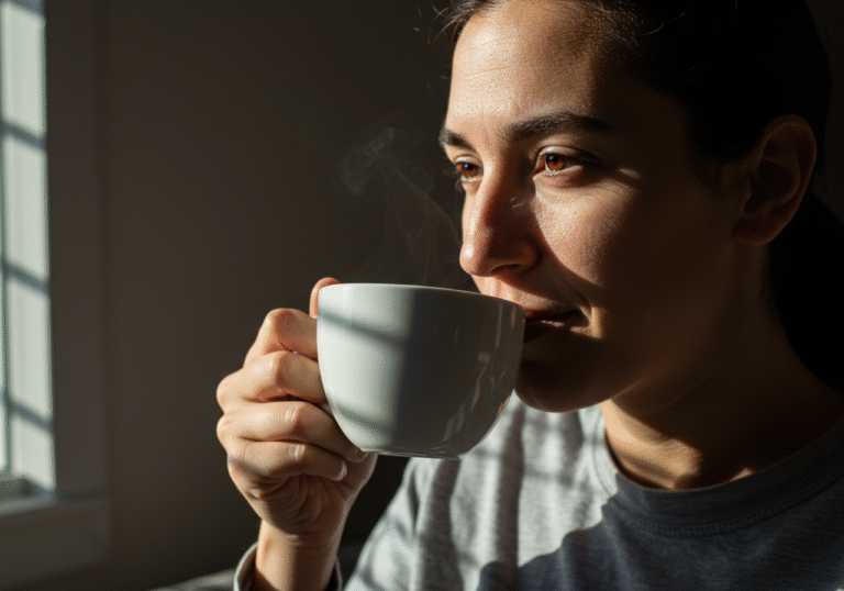 A person sips from a coffee cup, their face softly illuminated by natural morning light filtering through a window in a comfortable home setting. Their expression is calm and content, reflecting a positive mood during the quiet early hours of the day.
