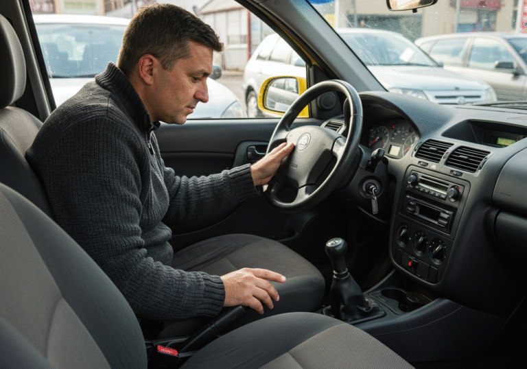 A man, a potential buyer in his 40s, is closely examining the interior of a used yellow European sedan. His hand rests lightly on the visibly worn steering wheel, while the gear stick shows scuff marks from heavy use. The rear seats are faded and have visible creases. On the dashboard, faint glue residue and small, filled-in holes are discernible, suggesting a former taximeter installation. The car is parked on a sunlit asphalt lot at a used car dealership in Croatia, with blurred background details of other vehicles. Natural daylight, editorial photography.