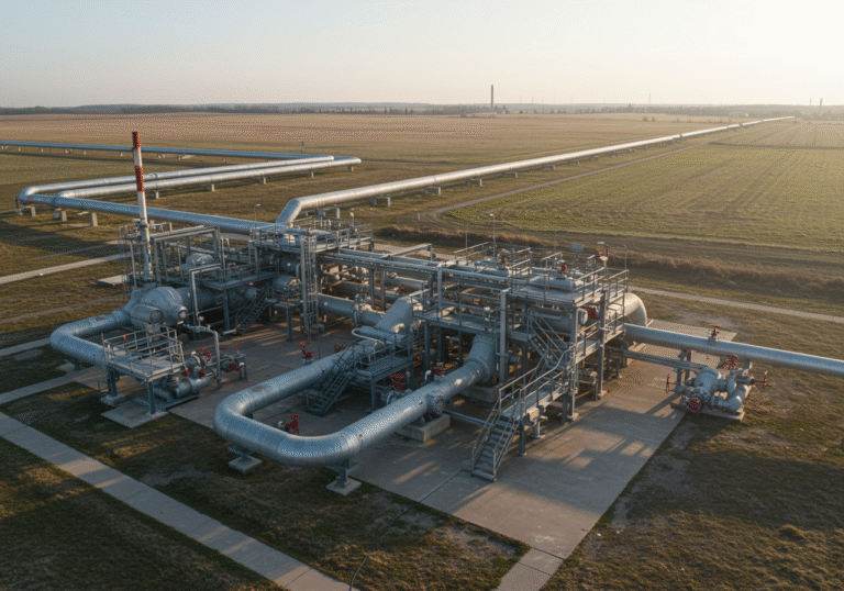 A wide, editorial shot of a modern natural gas processing facility operating efficiently in the Croatian countryside, with a large, well-maintained oil pipeline network extending into the distance under a clear, bright sky. The scene conveys the robust operations and growth of Croatian energy companies, including subtle visual cues hinting at new exploration and geothermal energy projects. The lighting is natural and even, typical of a bright daytime, emphasizing stability and technological advancement in the energy sector.