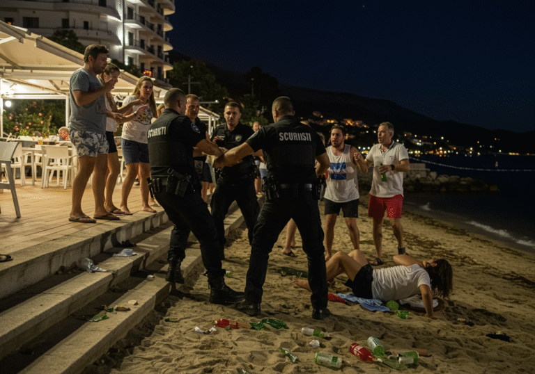 Night scene on Alberi beach in Savudrija, Croatia, adjacent to the Hotel Kempinski Adriatic. A violent physical altercation is in progress involving three uniformed security guards and a group of Slovenian tourists. In the foreground, a Slovenian woman is falling onto a lower terrace, with a security guard's leg visible near her. Other Slovenian tourists, visibly agitated, are engaged in a shouting match with the security personnel. The scene is dimly illuminated by the distant lights of the hotel and the moon. Empty or broken bottles are scattered on the sandy beach. The security guards wear dark, formal uniforms, while the tourists are in light, casual summer clothing. Expressions of anger and fear are visible on faces, capturing the intense confrontation.