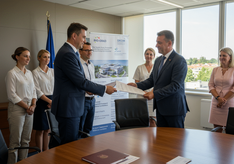 Bright afternoon sun shines over Zagreb, Croatia, on August 7, 2025. In a modern, well-lit conference room, a representative of the State Commission for Public Procurement Control (DKOM) formally hands over official documents to a Croatian executive from ING-GRAD, who is part of the winning consortium that includes Kamgrad, Radnik, and ZDL Arhitekti. Other members of the Croatian consortium and a representative from the Ministry of Health are present, observing the exchange. The documents confirm the rejection of the appeal and the final selection for the construction of the first phase of the National Children's Hospital. The atmosphere is professional and reflects a significant milestone for the project, with a subtle Croatian flag visible in the background.