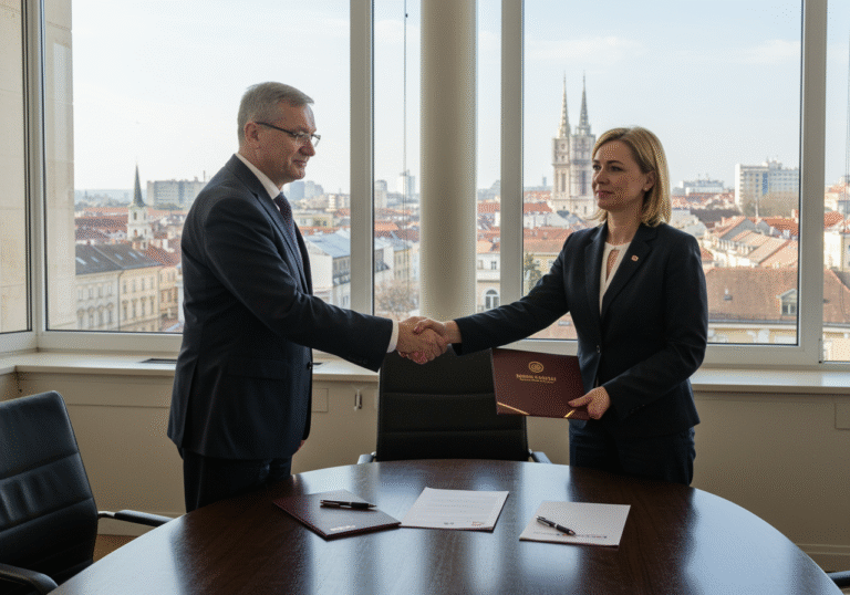 A formal handshake between two business executives in a modern, sunlit corporate office in Zagreb, Croatia. On the left, a mature male executive in a dark suit, representing the Polish acquiring company, exchanges a firm handshake with a focused female executive in her 40s, representing the Croatian bakery chain. Both individuals have professional, determined expressions. They stand opposite each other across a polished dark wooden conference table, which is set with legal documents and pens. Through a large window behind them, a distinctive view of the Zagreb city skyline with its traditional architecture is visible under clear daytime skies. The overall atmosphere is professional and significant, capturing a key moment of an international business acquisition.