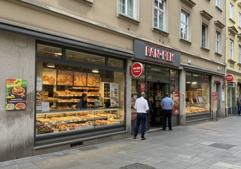 A wide, sunlit shot of a modern Pan-Pek bakery retail store located on a lively street in Zagreb, Croatia. The store features large, clear display windows showcasing a diverse range of frozen bakery products and freshly baked pastries. Customers are visible entering and exiting the establishment. In the foreground, a professional-looking individual, dressed in business casual attire, stands observing the store facade with an analytical gaze. The sky is clear, typical of summer in July 2025. Editorial news photograph.