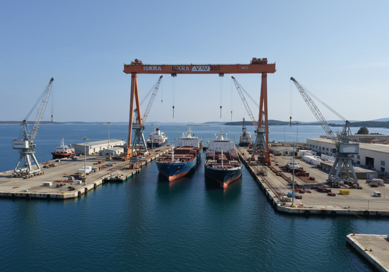 Daytime view of the Iskra shipyard in Šibenik, Croatia, located on the Adriatic Sea. Large industrial cranes and gantry cranes are visible over a bustling dry dock where a substantial ship is undergoing maintenance. Several other vessels are moored alongside extensive piers, suggesting a busy shipbuilding and repair facility. The scene captures the scale of the industrial operations, with elements hinting at ongoing activity and significant future development, under a clear sky.