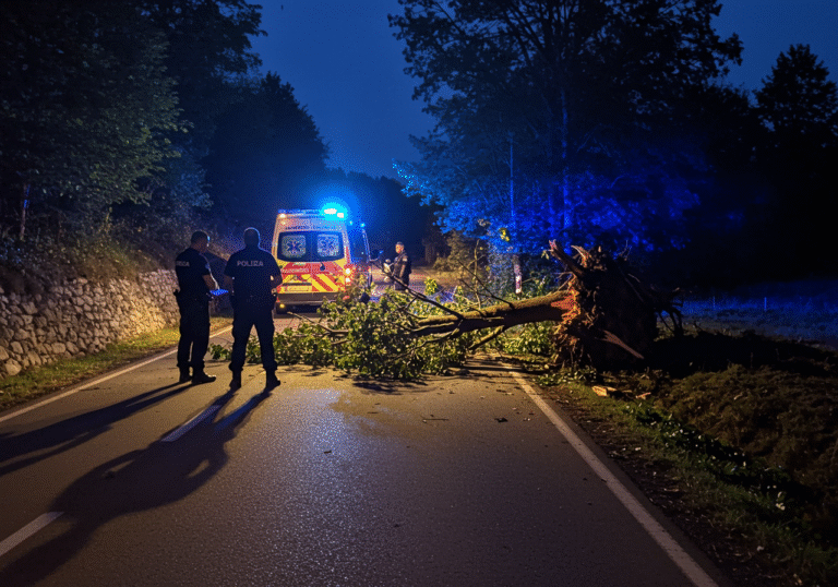 Croatian police officers in dark uniforms stand near a large tree that has fallen and completely blocked a narrow rural road near Kršikla village in the Pazin region of Istria, Croatia. It is just after 8 PM, with the last light of dusk fading, casting long shadows. An ambulance vehicle from Istarska Županija emergency medical services is visible nearby, its blue emergency lights gently illuminating the scene. The fallen tree's roots are visible, suggesting it fell from an elevated embankment or terrain adjacent to the road. The atmosphere is quiet and grave, as officers conduct their initial investigation of the accident scene.