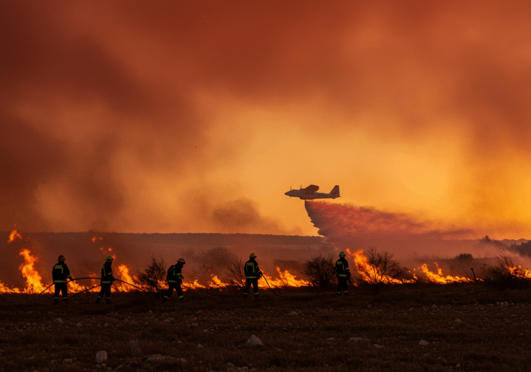 Istrian firefighters in full protective gear battle a large wildfire consuming dry vegetation and scrubland in rural Barban, Croatia. Dense, reddish-orange smoke billows into the sky, carried by a strong wind, partially obscuring the rugged terrain. Intense flames rise from the burning landscape. In the distance, a Croatian CL-415 canadair aircraft is seen making a water drop, its spray visible against the smoky haze. The setting sun casts a dramatic, hazy light on the scene, highlighting the determined efforts of the firefighters on the ground.