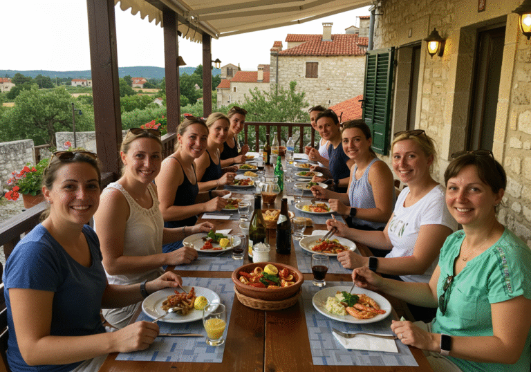 A sun-drenched outdoor terrace of a traditional Istrian konoba in Croatia. A diverse group of tourists, smiling and relaxed, are seated around a rustic wooden table, enjoying an array of authentic local dishes. Plates are filled with vibrant, freshly prepared Istrian cuisine, emphasizing the region's rich culinary tradition. Warm, inviting late afternoon light illuminates their faces and the food. In the background, hints of traditional stone architecture and the lush green landscape of Istria are visible, reflecting a deep appreciation for the local flavors and cultural identity.