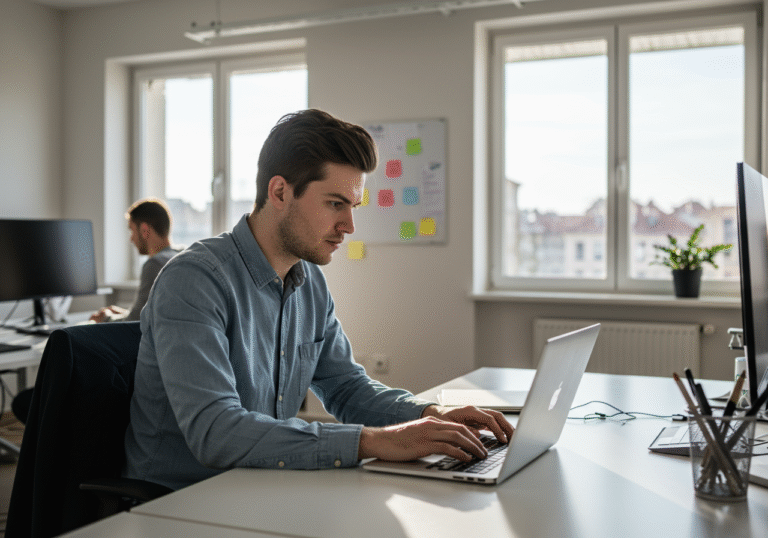 A young professional Croatian IT specialist, dressed in modern business casual attire, works intently on a laptop at a contemporary desk in a well-lit, open-plan office in a Croatian city. Sunlight streams through large windows, illuminating the modern workspace. Other Croatian tech professionals are visible in the background, collaborating or working individually, contributing to an atmosphere of focused innovation and economic prosperity within the country's booming information and communication sector. The scene reflects the high average salaries and growth of the digital economy in Croatia during a productive workday.