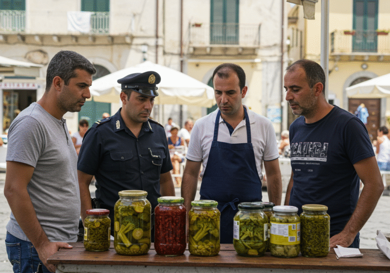 A tense scene unfolds at a street food stall in a sun-drenched public square in Diamante, Calabria, Italy, in early August 2025. Italian plainclothes investigators and uniformed police officers are meticulously examining several commercial glass jars, some containing preserved green vegetables like broccoli in oil, on a worn wooden counter. A middle-aged male street food vendor, dressed in a simple t-shirt and apron, stands nearby, his face etched with concern. In the background, blurred by the heat haze, typical southern Italian architecture, suggesting the height of summer tourist season. The overall atmosphere is one of serious public health investigation into a deadly food contamination outbreak.