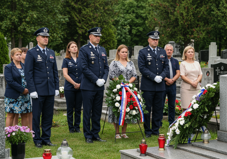 A solemn commemoration at a sunlit city cemetery in Odra, Croatia, on August 14, 2025. Croatian Air Force officers in dark blue ceremonial uniforms, including colonels and a staff sergeant, stand alongside family members. They are gathered around a gravestone, where wreaths adorned with ribbons and several lit candles are placed. The officers and family members have somber, respectful expressions. Green grass and other gravestones are visible in the background under a clear, bright sky.