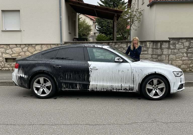 A pristine white Audi A5 Sportback, now entirely covered in thick, difficult-to-remove black paint due to vandalism, is parked on Ulica Petra Preradovića in Pakrac, Croatia. A German tourist, Ivana Dumančić, stands beside her extensively damaged vehicle, observing the widespread black coating with a visibly shocked and dismayed expression. The car's windows are notably clear of paint, allowing visibility. The scene is set during the day under natural light, capturing the quiet residential street in Pakrac.