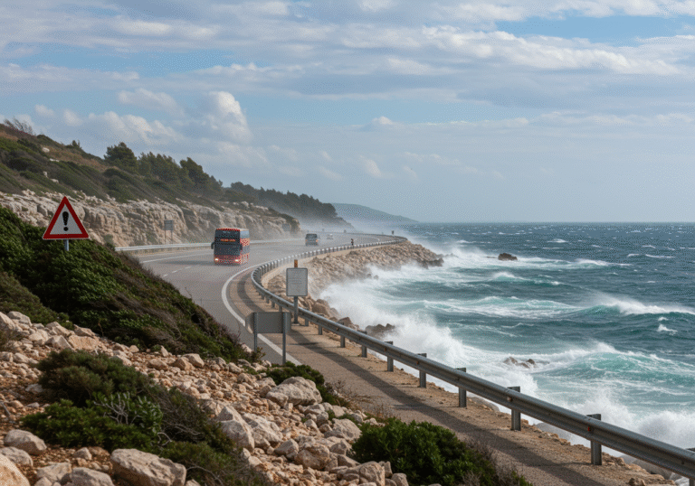A wide shot of the Adriatic Highway (DC8) on a blustery daytime, showcasing strong wind gusts visibly impacting the rugged Croatian coastline between Novi Vinodolski and Sveta Marija Magdalena. A double-decker bus is carefully navigating a section of the exposed coastal road, appearing affected by the severe crosswinds. The Adriatic Sea below is choppy with whitecaps, and sparse coastal vegetation is dramatically swaying in the turbulent air. A standard road warning sign is partially visible in the foreground, without any text. The sky is partly cloudy, emphasizing the challenging weather conditions.