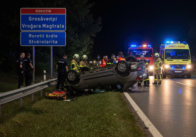 An overturned Dacia car lies on its side just off the Jadranska magistrala (Adriatic Highway) in Rogotin, Croatia. A damaged traffic sign marking the entrance to Rogotin is visible nearby. Croatian police officers in dark blue uniforms, firefighters in protective gear, and paramedics are gathered at the accident scene. Emergency vehicles including a Croatian police car, a fire truck, and an ambulance with their lights flashing are parked on the side of the road. Paramedics are attending to a female individual near the overturned vehicle. The scene is illuminated by bright, clear daylight.