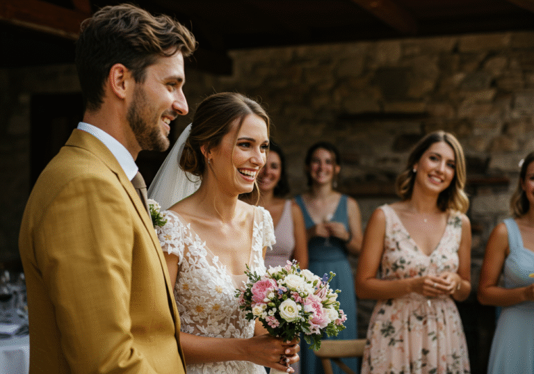 A candid, natural light photograph of Jagoda Kumrić (33) and Konstantin Haag (30) during their intimate wedding reception in early August 2025 at the idyllic boutique hotel Balatura in Croatia, located approximately 30 kilometers from Trsat Castle. Jagoda Kumrić is seen wearing a beautiful white wedding dress with hand-embroidered floral details and a long veil, with a joyful expression. Konstantin Haag stands beside her, elegant in a golden-yellow suit. They are surrounded by close family and friends, capturing the warm and celebratory atmosphere.