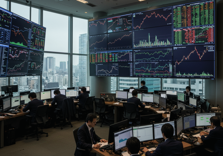A busy trading floor in a modern high-rise building in Tokyo, Japan, illuminated by clear daytime light. Financial professionals and traders, dressed in business attire, are focused on large, dynamic digital display screens showing various stock market charts and graphs, predominantly indicating strong upward trends and significant gains for major indices. The atmosphere is bustling and reflects quiet optimism and intense concentration among the participants, some subtly showing satisfaction. Through the large windows, parts of the iconic Tokyo financial district skyline are visible.