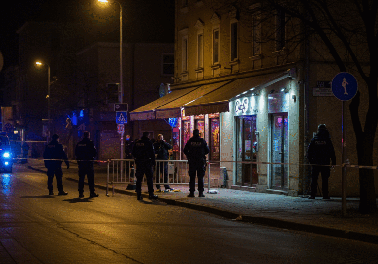 Croatian police officers in dark uniforms establishing a protective barrier on Hrvatskog sokola Street in Jarun, Zagreb, Croatia, late at night, around 9:45 PM. The barrier is positioned directly in front of a commercial cafe, which has lights on. Streetlights illuminate the immediate vicinity, casting shadows on the urban environment. The scene depicts the aftermath of an incident, with a calm, investigative atmosphere and a focus on law enforcement presence.