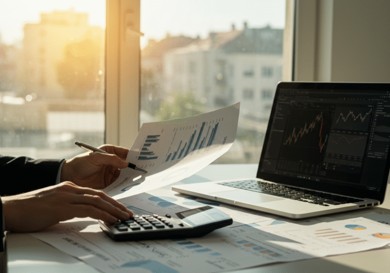 A professional editorial photograph of a business desk in a modern Croatian financial institution office in Zagreb. Sunlight streams through a large window, illuminating printed financial reports, a calculator, and a generic laptop screen displaying complex, abstract charts and graphs, but no legible text or numbers. A pair of hands, possibly belonging to a Croatian economist or financial analyst, are seen reviewing the documents intently. In the blurred background, through the window, a subtle hint of Zagreb's urban landscape is visible. The atmosphere is serious and focused, reflecting the analysis of significant national economic data.