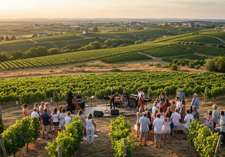An editorial photograph capturing the essence of the 'Jazz u Vinogradu 2025' festival on Mađerkin breg in Štrigova, Međimurje, Croatia, during a late August afternoon. A professional jazz ensemble performs on an outdoor stage, set against the backdrop of lush, cascaded vineyards stretching across rolling hills. Warm, golden sunlight illuminates the scene and the intimate crowd of approximately 500 attendees. Guests are casually dressed, enjoying the live music, sipping on exquisite Štampar family wines, and sampling gourmet culinary creations by Međimurje chef Marko Palfi. The panoramic view from the hilltop extends far into the distance, emphasizing the unique natural setting. The atmosphere is relaxed, elegant, and vibrant, showcasing a perfect harmony of music, nature, gastronomy, and wine in the Croatian countryside.