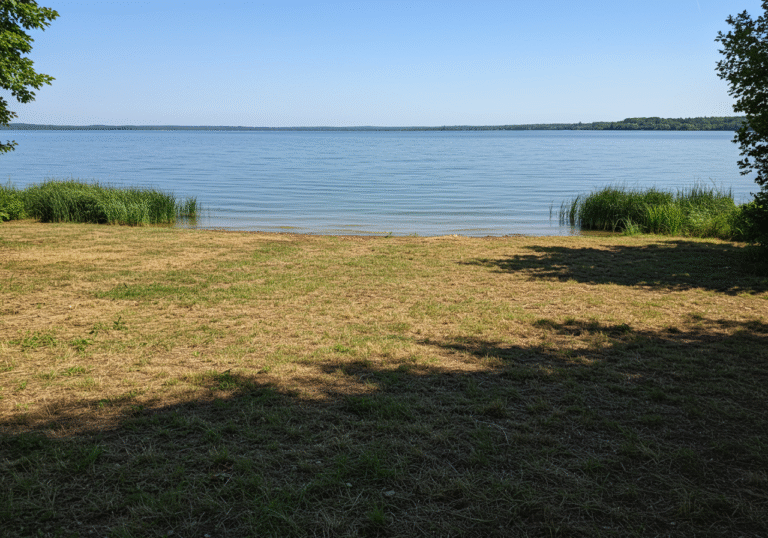 A clear, bright daylight scene at Jezero Čiče near Zagreb, Croatia, focusing on a section of the lakeshore. The immediate area by the water is visibly mown and cleared of dense vegetation, showing the groundwork for its transformation into a recreational zone. The calm, blue water of the lake stretches into the distance under a clear summer sky. The scene conveys a sense of tidiness and preparation, with the natural Croatian landscape in the background.