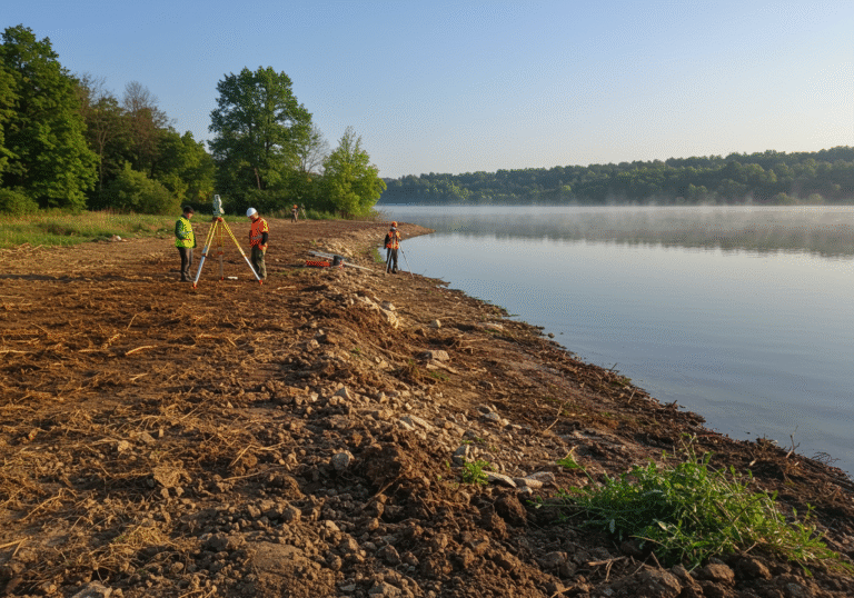 A bright, calm morning at Lake Čiče, located approximately fifteen minutes from Zagreb, Croatia. Early sunlight illuminates a section of the lake's shoreline where vegetation has recently been cleared, revealing the earth beneath. A small team of land surveyors, dressed in practical outdoor workwear, are visible in the background, meticulously operating their equipment for geodetic measurements of the terrain. The placid water of the lake reflects the clear blue sky, with distant green trees lining the opposite shore. The scene conveys a sense of quiet progress and the natural beauty of the area during the initial stages of a major recreational transformation project.