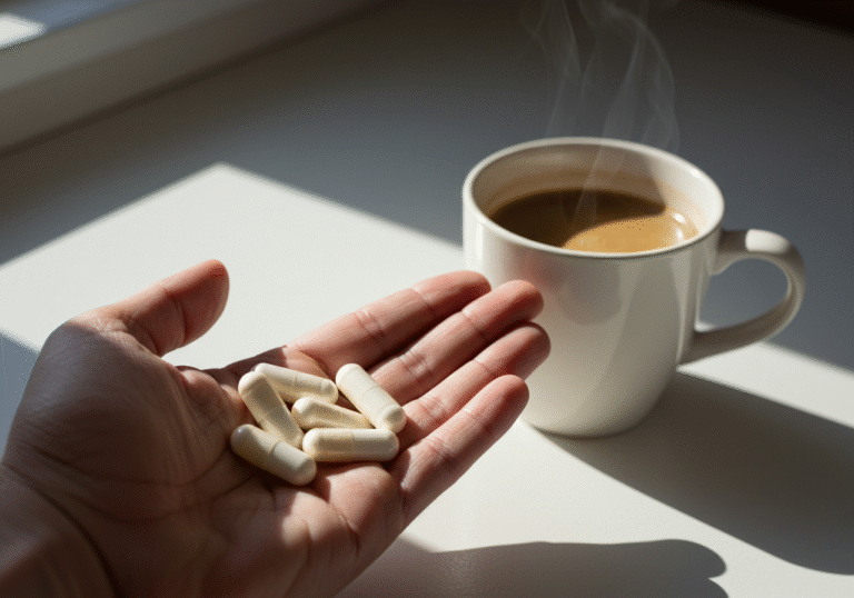 A close-up shot of a hand holding several white dietary supplement capsules, positioned on a bright, clean kitchen counter next to a steaming ceramic coffee cup. Soft morning light casts gentle shadows, highlighting the everyday domestic setting where these items are typically consumed together.
