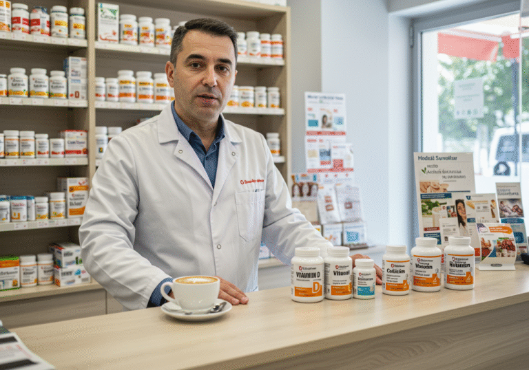 A Croatian pharmacist, wearing a clean white lab coat, stands behind a counter in a well-lit, modern pharmacy in Croatia. On the counter, a ceramic cup of freshly brewed coffee sits next to an assortment of dietary supplement bottles, including those for Vitamin D, calcium, and iron. The pharmacist has a serious, professional expression, one hand resting near the supplements as if explaining an important health warning. Bright, natural daylight fills the scene.