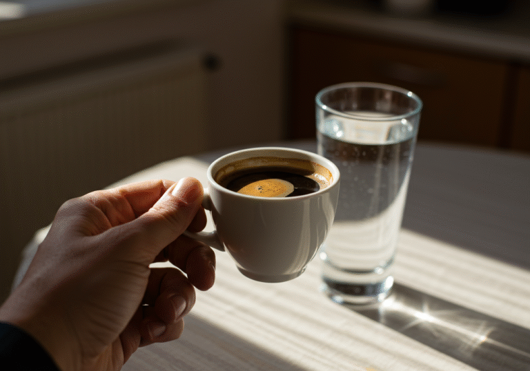 A close-up shot of a person's hand, casually dressed, holding a ceramic coffee cup filled with dark coffee. In the slightly blurred background, a clear glass of water stands on a table. The scene is set in a sunlit Croatian home kitchen in the morning. The overall atmosphere is calm and focused on daily wellness practices. August 2025.