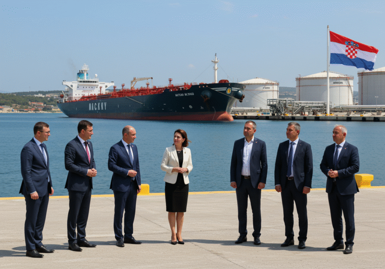 An editorial photograph of representatives from Kazakhstan's KazMunayGas, Hungary's MOL Group, and Croatia's Jadranski naftovod (JANAF) standing on the docks of the Omišalj oil terminal on Krk Island, Croatia. It is a bright, clear August day. They are engaged in conversation, some gesturing towards the massive oil tanker 'Alatau' prominently docked in the background, which has just completed the first maritime delivery of crude oil. The Croatian national flag is visible fluttering in the gentle breeze. Modern pipeline infrastructure and large oil storage tanks line the port in the distance. The individuals are dressed in professional business attire, reflecting the significance of the energy cooperation.