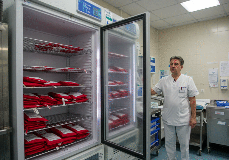 A focused editorial shot inside the Klinički zavod za transfuzijsku medicinu at Klinički bolnički centar (KBC) Rijeka, Croatia. A sterile, brightly lit room features a specialized medical refrigerator for blood storage, its clear door revealing critically low levels of blood bags. The shelves are mostly empty, with only a few red blood bags visible. A KBC Rijeka medical professional, wearing a white coat or scrubs, stands in front of the refrigerator, gazing at the minimal supply with a serious, concerned expression, conveying the urgency of the situation. The scene is well-lit, reflecting a busy hospital environment during late summer.