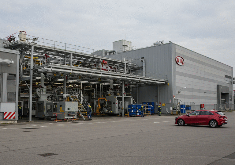 An industrial wide shot of the Kia manufacturing plant in Žilina, Slovakia, on a bright, slightly overcast day. In the foreground, a Kia Ceed hatchback is parked on the asphalt. In the middle ground, sections of the factory building show ongoing activity, with some machinery visible near a loading dock, suggesting retooling or preparation. A few Kia employees in standard industrial workwear are walking near the facility. The distinct architecture of the Slovakian industrial building is prominent, signifying its strategic role as a future European hub for Kia's electric vehicle production.