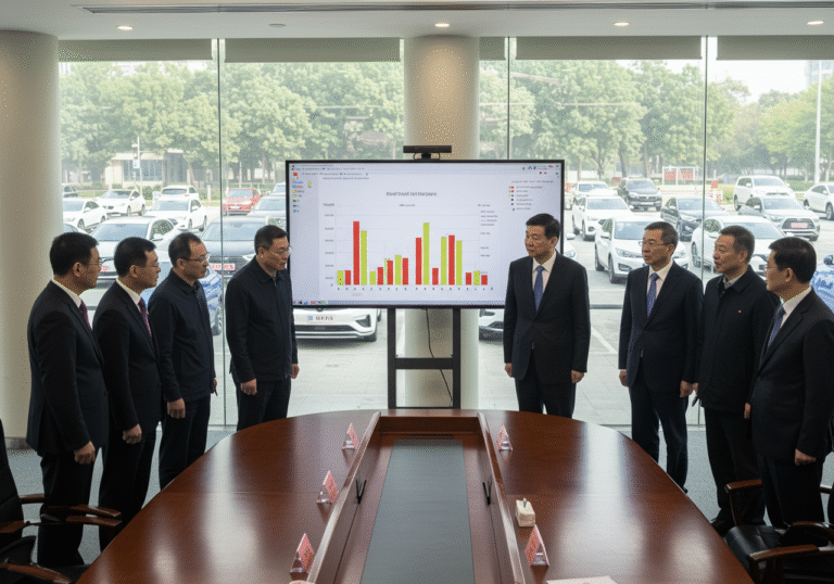 High-ranking Chinese government officials in dark business suits, with serious and focused expressions, stand gathered around a large display screen showing a chart indicating eroding profit margins, inside a modern, brightly lit conference room in a government building in Beijing. Through a large window in the background, a vast, sunlit parking lot filled with numerous new Chinese electric vehicles from various manufacturers, including models from BYD, Li Auto, and Seres, is visible. The scene captures the urgent government intervention to stabilize the electric vehicle market on a clear Thursday morning, August 7, 2025, around 11:00 AM local time in China.