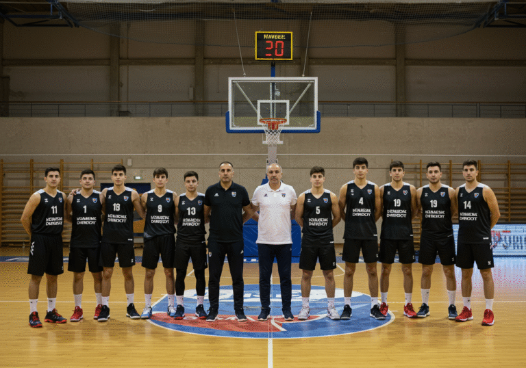 A professional wide shot of the Košarkaški klub Dubrovnik basketball team and coaching staff gathered on a clean hardwood court in an indoor sports arena during daytime. Head coach Goran Gunjević stands prominently, flanked by assistant coaches Željko Vreća and Luka Bijelić. The team, a mix of young players under 20 and more experienced members, is dressed in official team training attire, their expressions determined and focused. The scene conveys the start of their pre-season preparations for the FAVBET Premijer League, with warm, natural light illuminating the gymnasium in Dubrovnik, Croatia.