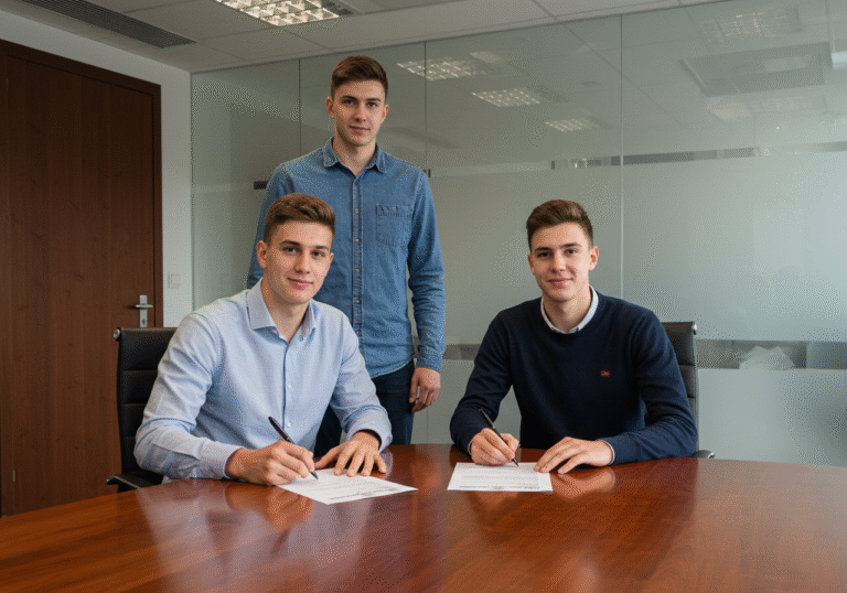 A professional indoor scene in Dubrovnik, Croatia, on a bright day. Two young Croatian basketball players, Luka Frančešević and Leni Vinčić, are formally signing contracts for Košarkaški klub Dubrovnik. Luka Frančešević, a focused young man around 20 years old, is seated at a polished conference table, pen in hand, signing a document. Leni Vinčić, another young player, stands beside him, observing the signing. Both are dressed in smart casual attire. The background shows a modern, well-lit office or club meeting room, with subtle indications of a sports environment. The atmosphere is professional and forward-looking.