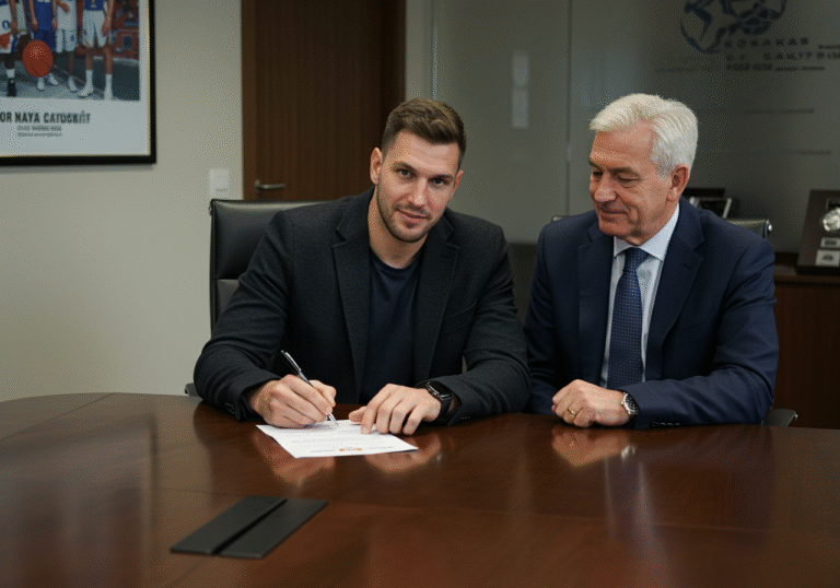 35-year-old male basketball player Marjan Cakarun, 204 cm tall, is seated at a modern conference table, holding a pen and signing a contract. He is dressed in a dark blazer over a light-colored shirt. Beside him, an older male club official, dressed in a professional suit, watches intently with a slight smile. The setting is a well-lit, professional office or press room within the Košarkaški klub Samobor facility in Samobor, Croatia. In the blurred background, a framed sports photo or a subtle, non-textual team decor item is visible. The atmosphere is formal and optimistic, typical of a professional sports transfer announcement.