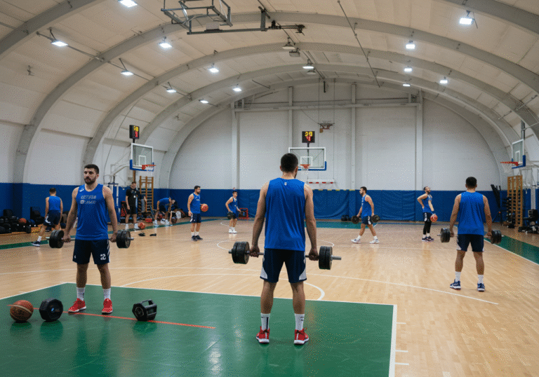 KK Zadar basketball players intensely engaged in physical conditioning and strength training at the Višnjik training center in Zadar, Croatia. It's daytime on Monday, August 11, 2025, with natural light filling the indoor facility. Players in official club training gear are performing various drills, some lifting weights, others doing agility exercises on the court, demonstrating focus and determination at the start of their pre-season preparations.