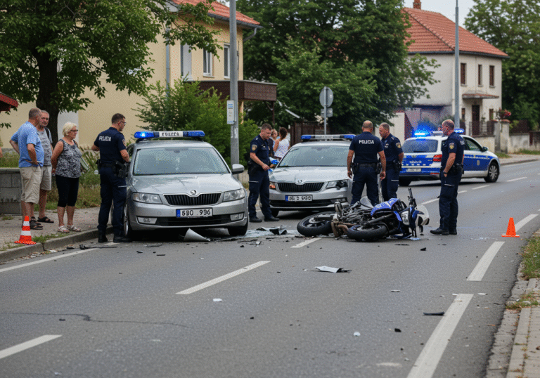 A wide, realistic editorial photograph captures the aftermath of a serious traffic accident on Vinogradska Ulica in Kloštar Ivanić, Croatia, on a bright summer afternoon. A damaged silver Škoda car is partially off the road, having attempted a left turn, with a mangled Yamaha motorcycle lying on the asphalt nearby. Debris from the collision is scattered on the road surface. Several Croatian police officers in dark blue uniforms are actively investigating the scene, some placing cones or speaking to onlookers. A police patrol car with flashing blue lights is parked on the side of the road. Concerned local residents stand on sidewalks or in driveways of nearby houses, watching the events unfold under the clear Croatian sky.