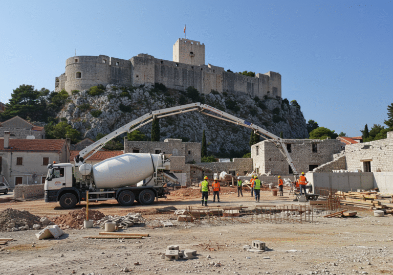 A large concrete mixer truck is actively working at a construction site in Knin, Dalmatia, Croatia. Construction workers in standard safety gear, including hard hats and vests, are visible on the site, overseeing the concrete delivery. In the background, the historic Knin Fortress stands prominently on a rocky hill, overlooking the town and the modern building activity below. The sky is bright and clear, characteristic of a sunny day in Dalmatia, highlighting the details of the active site against the ancient landmark.
