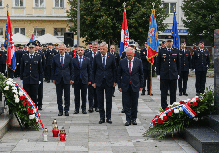 A wide-angle view of a solemn ceremony on Dr. Ante Starčević Square in Knin, Croatia, on the morning of August 5, 2025. Distinguished Croatian state officials in dark suits, high-ranking Croatian Army and Police officers in crisp uniforms, war commanders, representatives of families of fallen defenders, and members of veterans' associations gather around a memorial site. Several Croatian flags are prominently displayed around the square. Attendees are respectfully laying wreaths and lighting candles. The morning light is clear and gentle, illuminating the somber and proud expressions on their faces. In the background, other Croatian Army and Police personnel, including numerous cadets from police academies, stand in formation. Subtle details of Knin's architecture are visible, grounding the scene in the city.