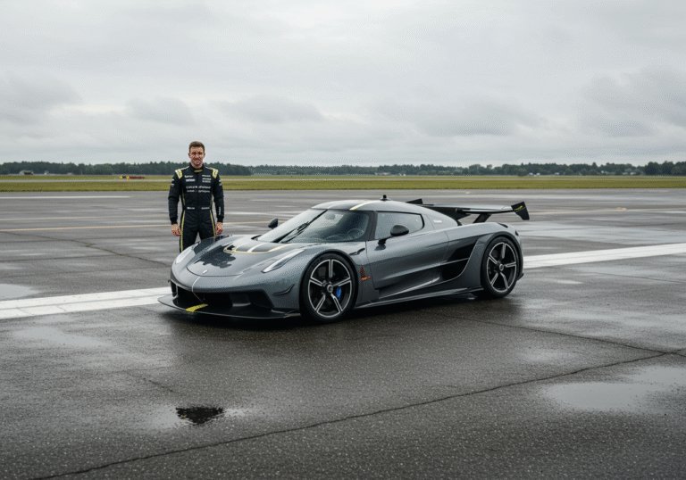 A sleek Koenigsegg Jesko Absolut hypercar is positioned on a partially damp asphalt runway at Örebro Airport in Sweden. Patches of standing water reflect the subtle light filtering through an overcast sky, indicating recent rain. Factory test driver Markus Lundh, wearing a professional racing suit, stands confidently beside the driver's side of the car, with the vast, open expanse of the Swedish airfield visible in the background under diffused natural light. The scene captures the successful record attempt on August 7, 2025.