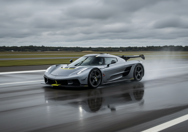 Koenigsegg Jesko Absolut hypercar in dynamic motion on a partially wet asphalt runway at Örebro Airport, Sweden, under an overcast sky. Water spray trails behind the tires as the car completes its record-breaking 0-400-0 km/h run. Markus Lundh, the Koenigsegg factory driver, is intensely focused behind the wheel. The vast, open airport environment and subtle Swedish landscape elements are visible in the background.