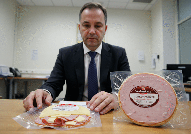 A focused, editorial photograph in a bright, clean government office or a food safety laboratory in Croatia. The central subject is a professional-looking Croatian official, possibly a food safety expert, with a serious and concentrated expression. Their hands are carefully positioned on a desk, near two distinct food product packages. One package is a clear plastic, vacuum-sealed pack containing thinly sliced deli meat with visible pieces of cheese, displaying a weight indication of 500g. Beside it, there is another similar plastic-wrapped package containing a large, round, sliced turkey parizer, also showing a 500g weight. The background is subtly blurred, hinting at an official workspace with generic professional equipment or documents. Natural, clear daylight illuminates the scene, emphasizing the detailed examination of the products.