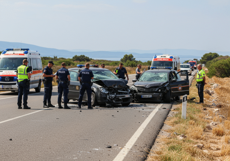A serious traffic accident scene on the two-lane state road DC-106 near Kolan, Croatia, on a bright summer afternoon. Croatian police officers in uniform are conducting an investigation around two severely damaged passenger vehicles, one with Czech registration plates and the other with Polish registration plates, involved in a head-on collision. Emergency service vehicles, including ambulances and police cars, are parked along the road shoulder. The road is closed, with traffic being diverted, and scattered car parts and debris are visible on the asphalt. The dry, Mediterranean landscape typical of the Croatian coast provides the background.