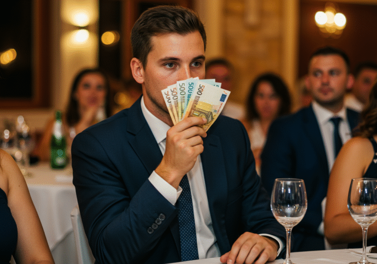 A well-dressed guest, appearing to be in their late 20s or early 30s, is seated at a table during a modern evening wedding reception in Croatia. The person is discreetly holding a stack of euro banknotes in their hand, their eyes fixed on the money with a thoughtful, slightly pensive expression. The background shows softly blurred elements of a festive Croatian wedding hall, with warm, ambient lighting, suggesting a celebratory atmosphere while the individual contemplates their gift.